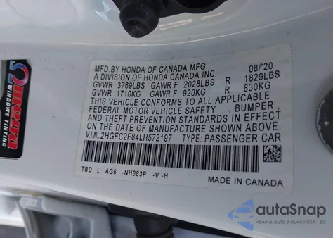 2020 Honda Civic Sport from USA, damaged, VIN 2HGFC2F84L8572197